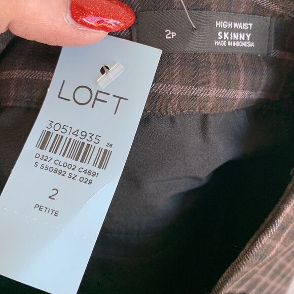 NWT Loft Brown Plaid High Waist Ankle Skinny Stretch Dress Pants Sz 2 Petite - Picture 11 of 13